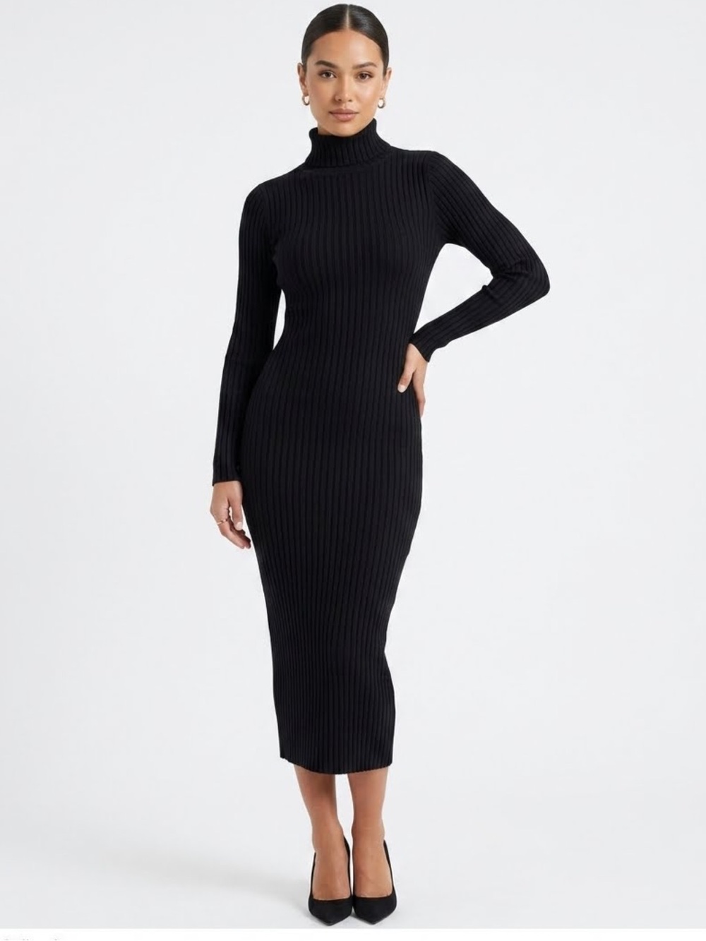 Hera Collection Black Ribbed Knit Turtleneck Bodycon Maxi Dress Large 418